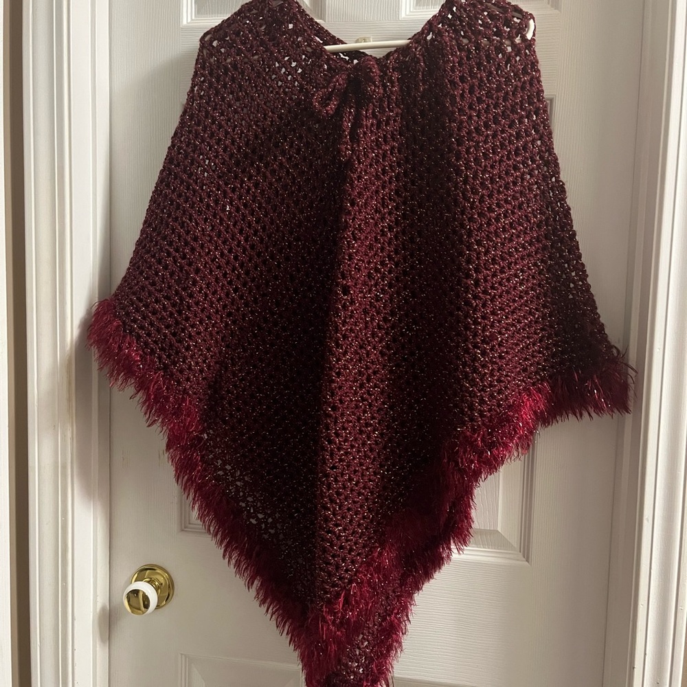 Burgundy Knit Poncho with Fringe